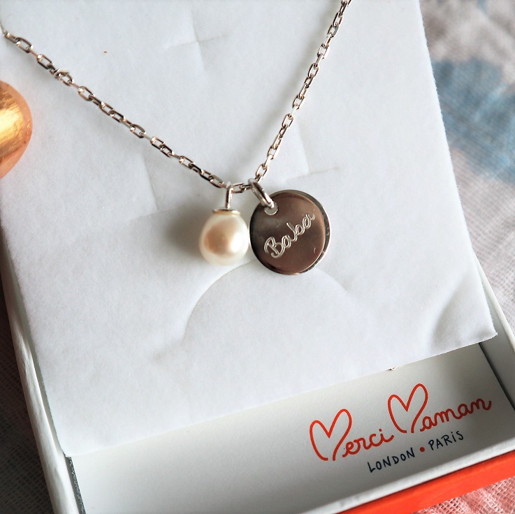 Merci Maman Pearl Drop Necklace, Hand-Engraved Jewellery, Merci Maman, Win, Christmas Giveaway, the Frenchie Mummy, Pearl Necklace