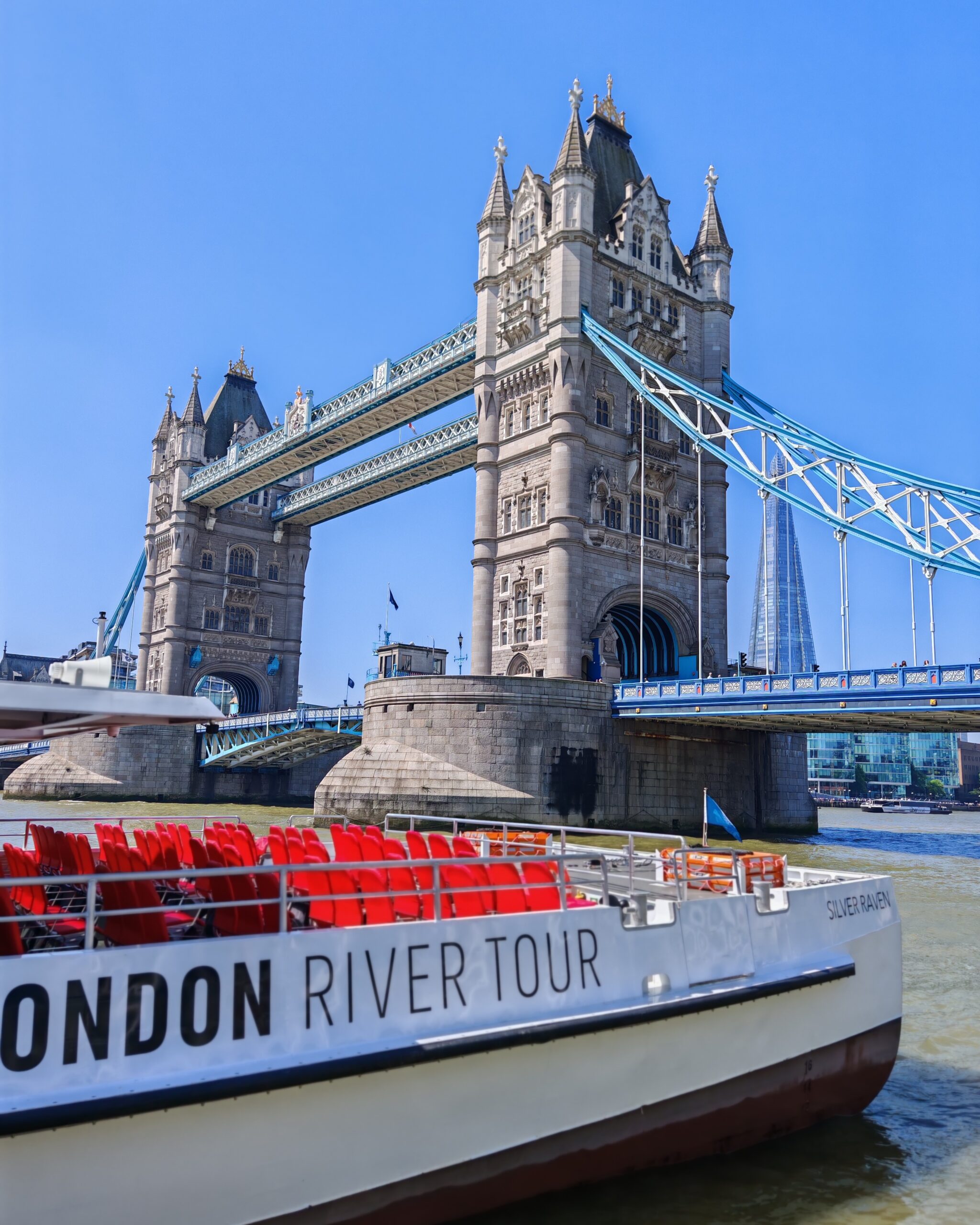 Tower Bridge right next to Tower Bridge Quay with a boat from the London River Tour before people went on board Tower Bridge right next to Tower Bridge Quay with a boat from the London River Tour before people went on board