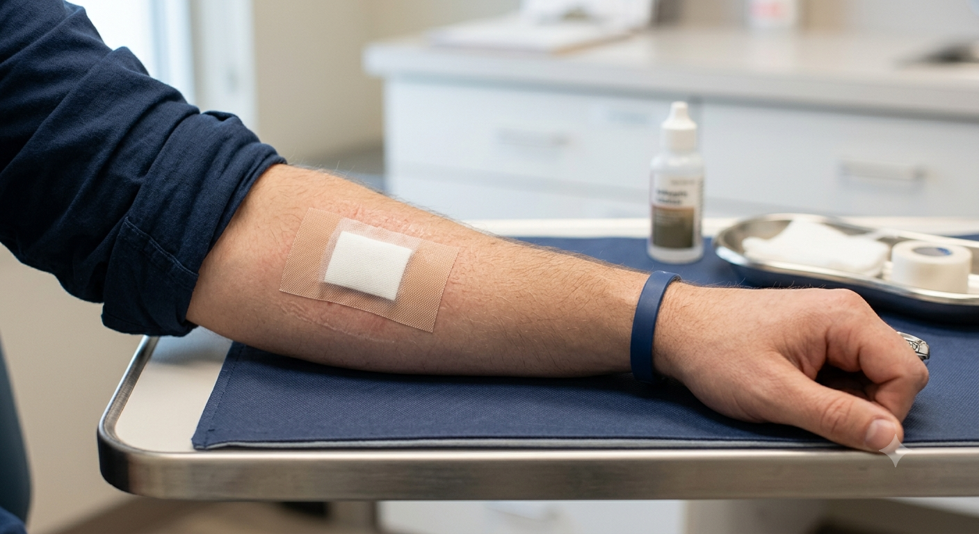 close up of the arm of a man being treated for a wound. There is a white plaster covering it. close up of the arm of a man being treated for a wound. There is a white plaster covering it.