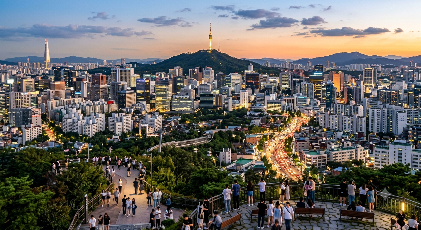 Ai generated photo of Seoul in the later afternoon with the sunset and crowds of people walking around the city