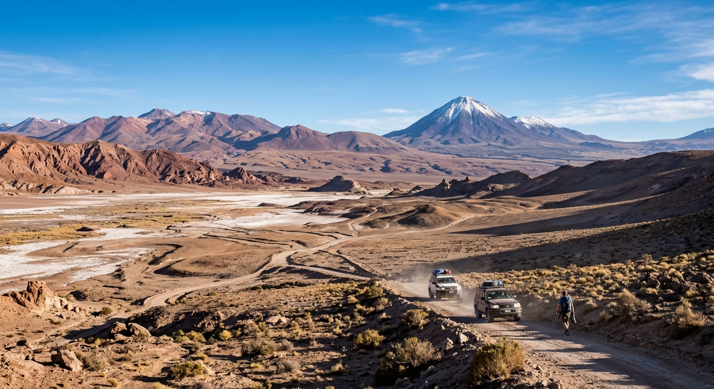 AI photo of the Atacama Desert in Chile, where you can see two jeeps following a trail in the desert. AI photo of the Atacama Desert in Chile, where you can see two jeeps following a trail in the desert.