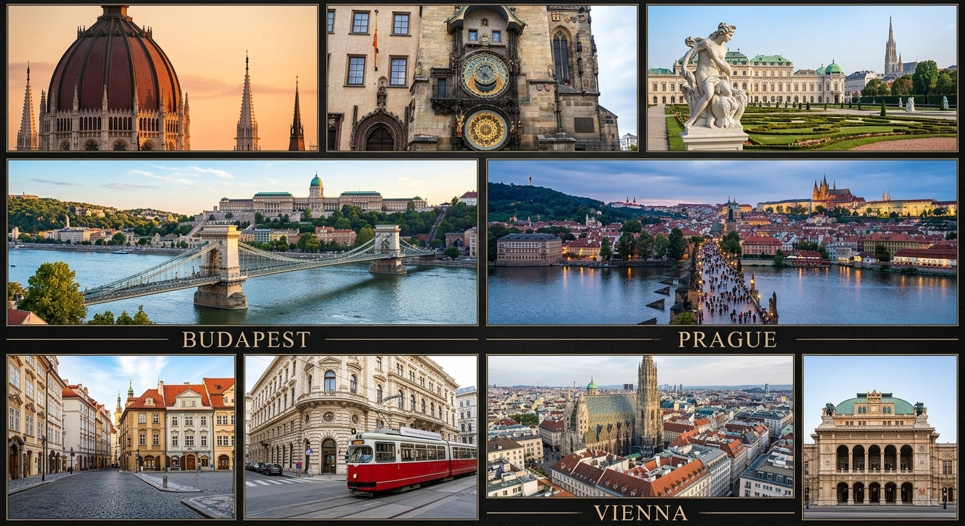collage photo of three cities in Central Europe: Prague, Vienna and Budapest with black borders and each city's name in gold with their most famous landmarks collage photo of three cities in Central Europe: Prague, Vienna and Budapest with black borders and each city's name in gold with their most famous landmarks