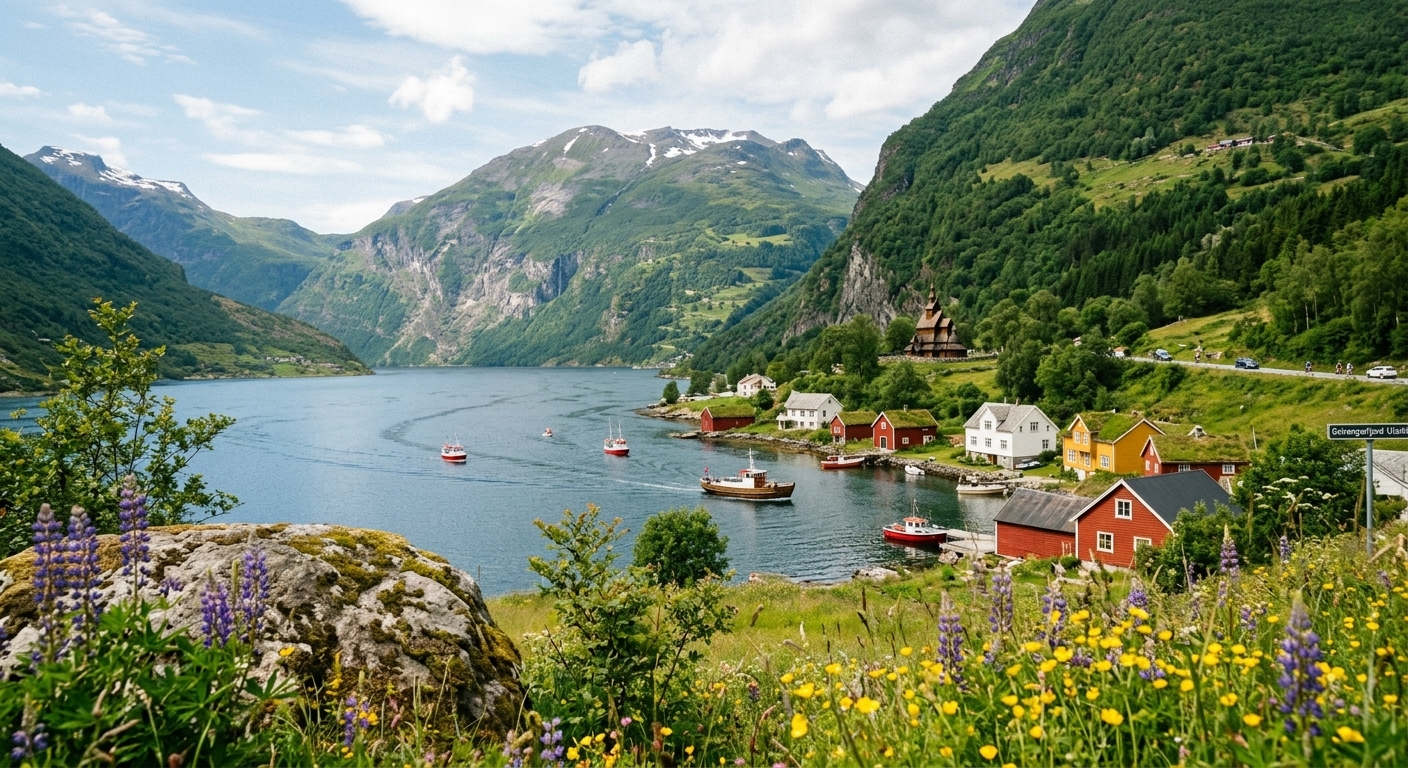 Scandinavian landscape, it's a view from a fjord from the top of the prairie in summer time with flowers among the grass. You can see boats coming over via the river and the mountains in the background