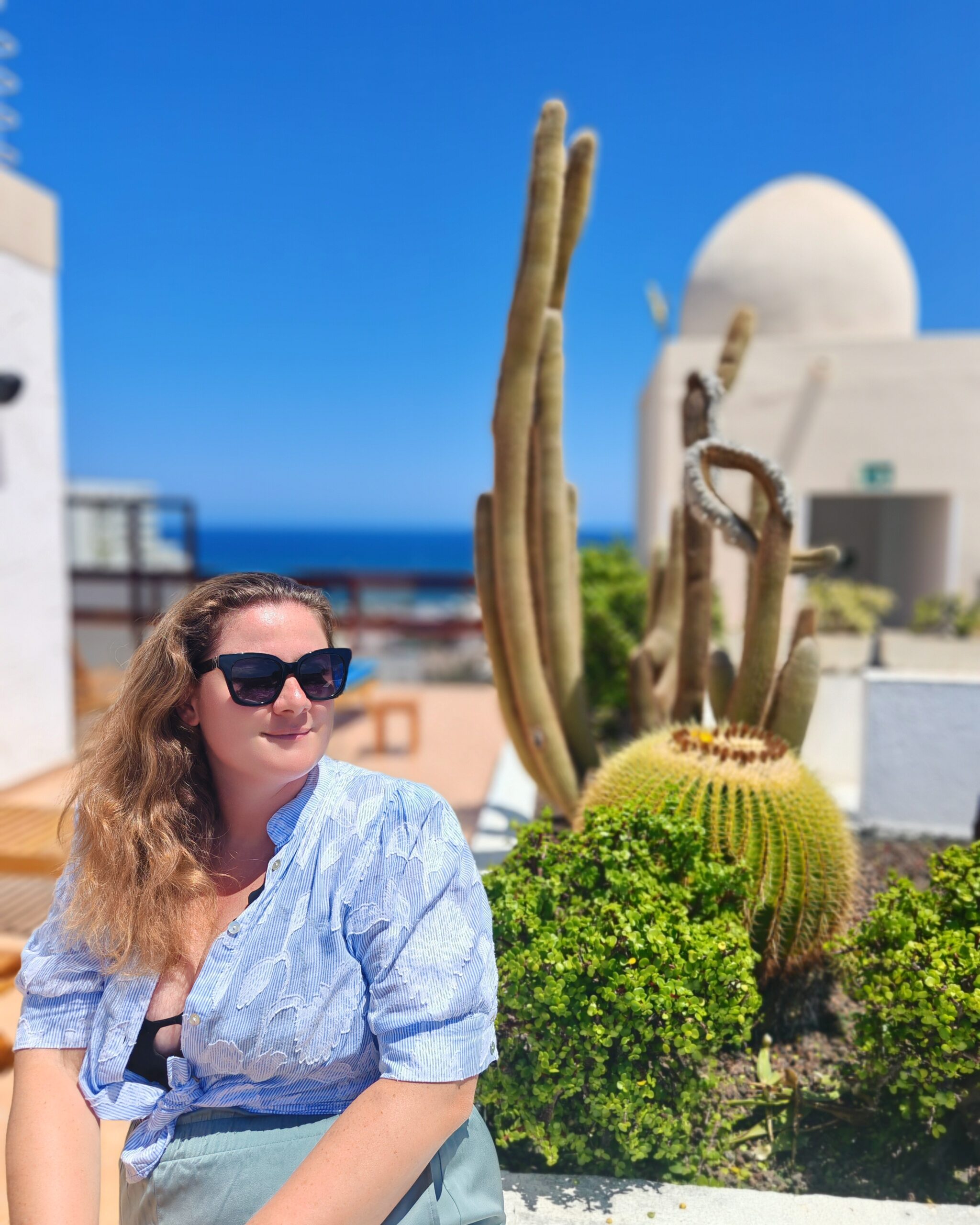 White woman in a cotton blue shirt seating by some cacti in the sunshine while wearing some dark sunglasses White woman in a cotton blue shirt seating by some cacti in the sunshine while wearing some dark sunglasses